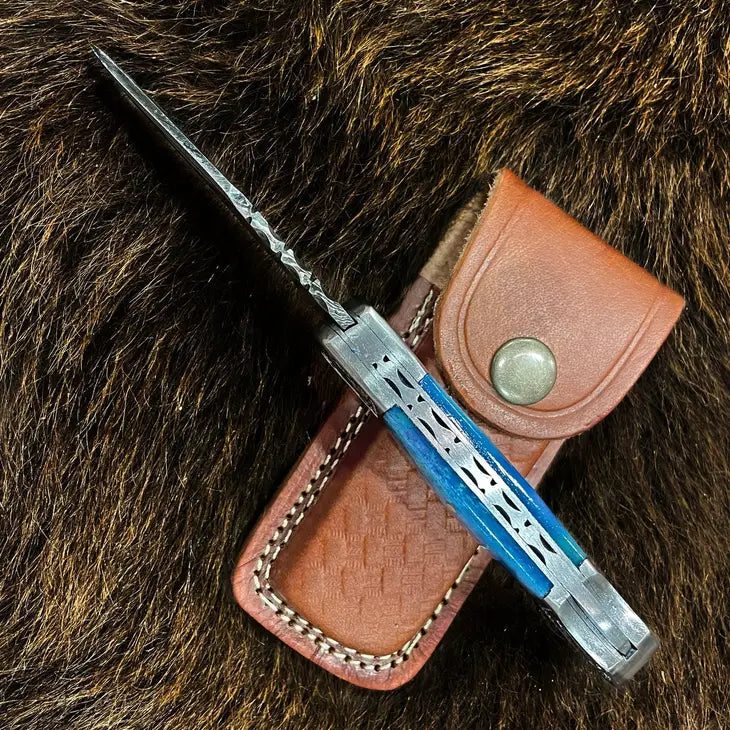 Titan Damascus Steel Blue Bone Pocket Knife