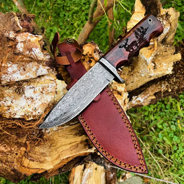 Titan Damascus Steel Buck Engraved Hunting Knife