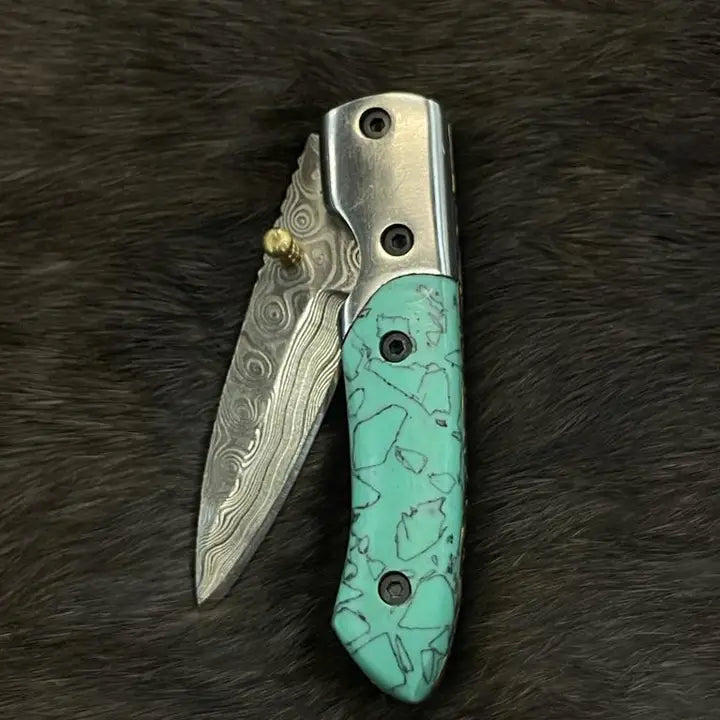 Titan Damascus Steel Azureglide Turquoise Pocket Knife