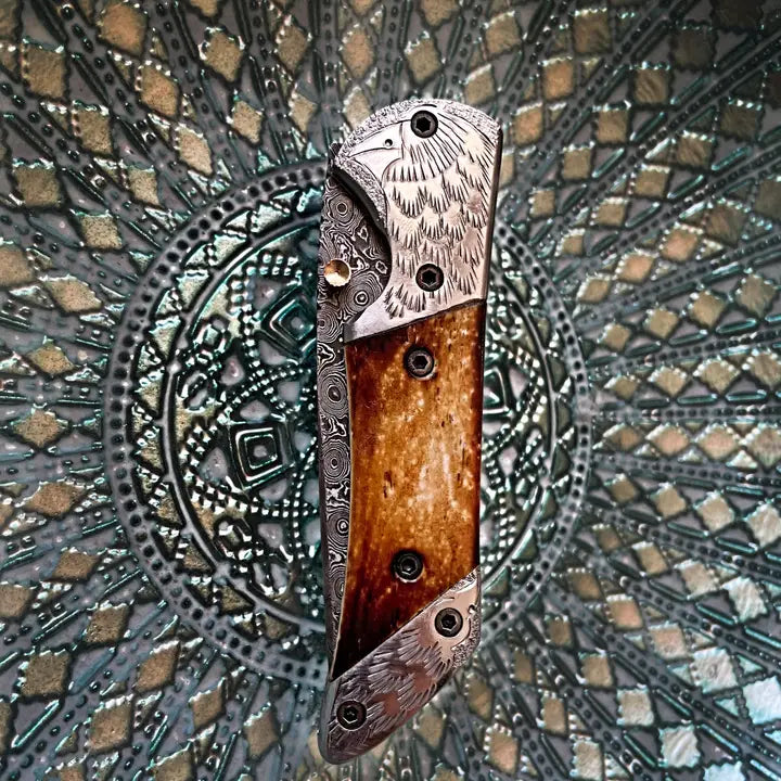 Titan American Eagle-Raindrop Damascus Steel Burned Bone Pocket Knife