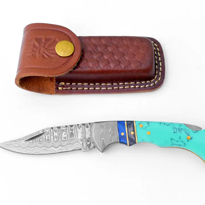 Titan Damascus Steel Turquoise Resin Pocket Knife