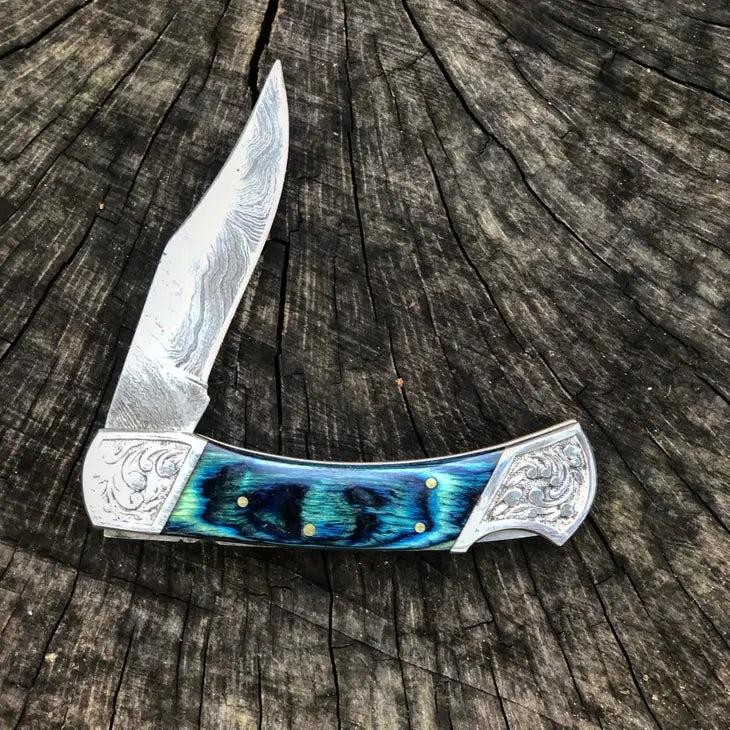 VG Damascus Steel Turquoise & Silver Bolster Pocket Knife