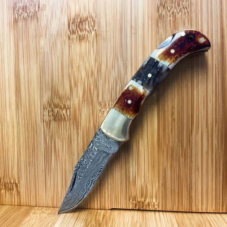 Titan Damascus Steel Burnt Bone Stag Horn Pocket Knife