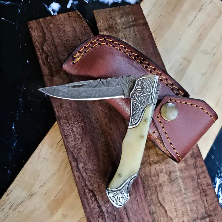Titan Damascus Steel Camel Bone Pocket Knife