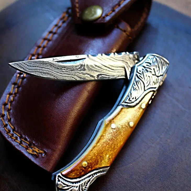 Titan Damascus Steel Burned Bone Pocket Knife