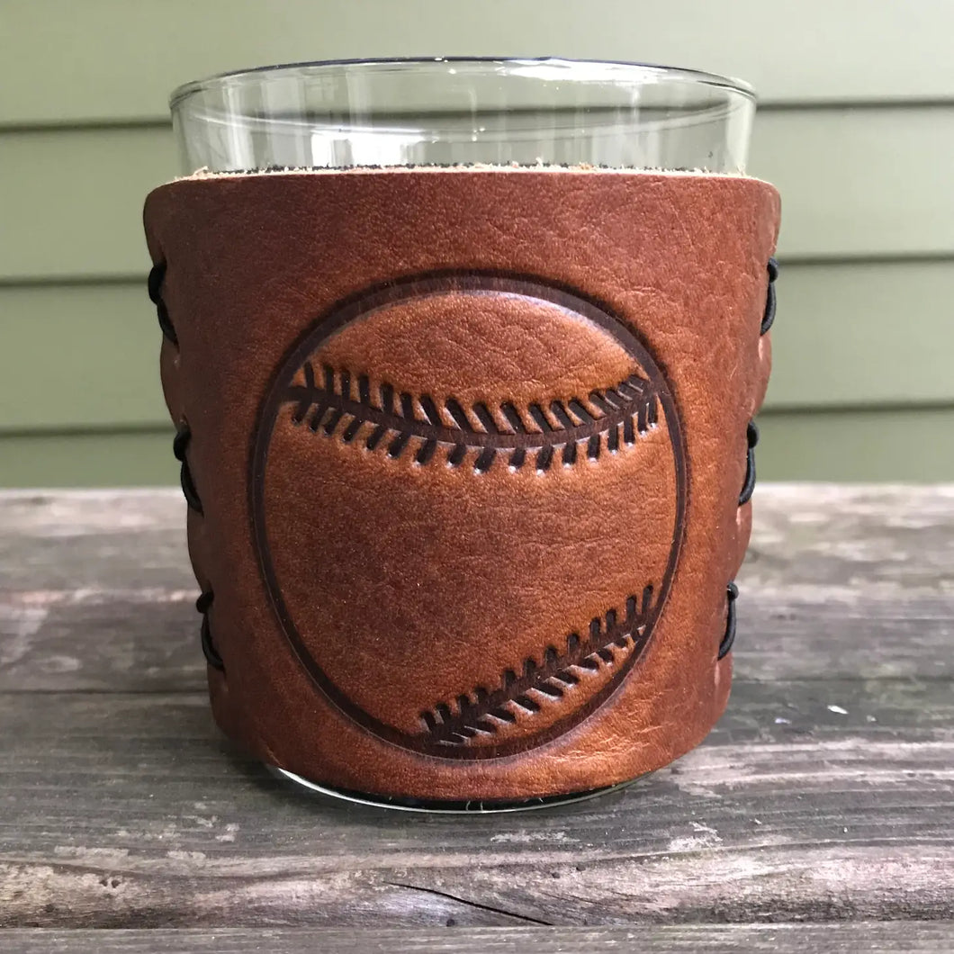 Whiskey Glass & Leather Koozi Set [Baseball]