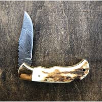 Load image into Gallery viewer, VG Damascus Steel Deer Antler Pocket Knife
