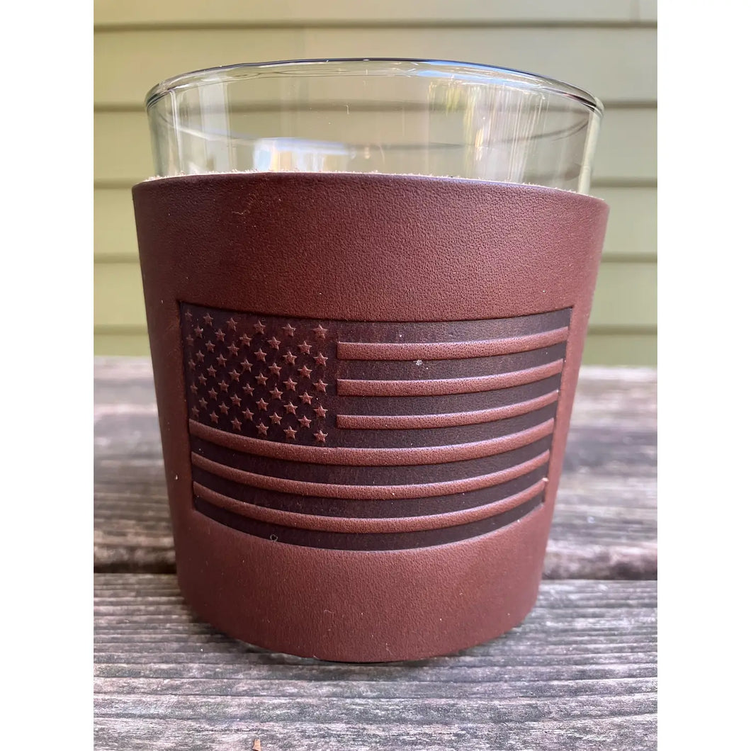 Whiskey Glass & Leather Koozi Set [American Flag]