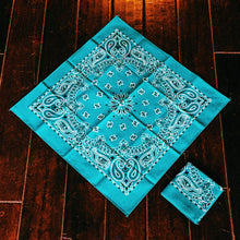 Load image into Gallery viewer, Turquoise, vintage, paisley, bandanna, head band, pocket square, handkerchief, 
